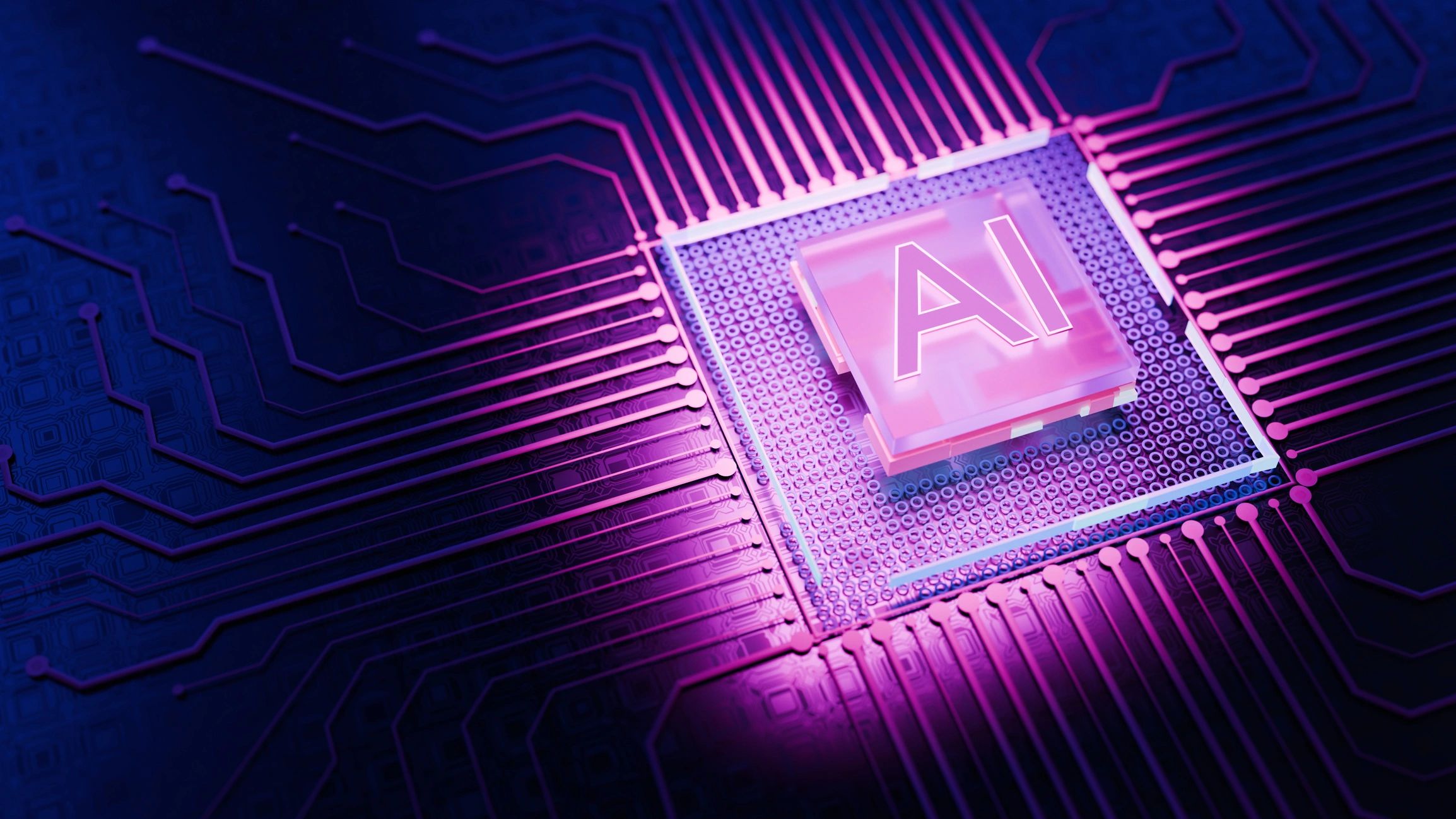 Futuristic AI processor illustration in purple tones